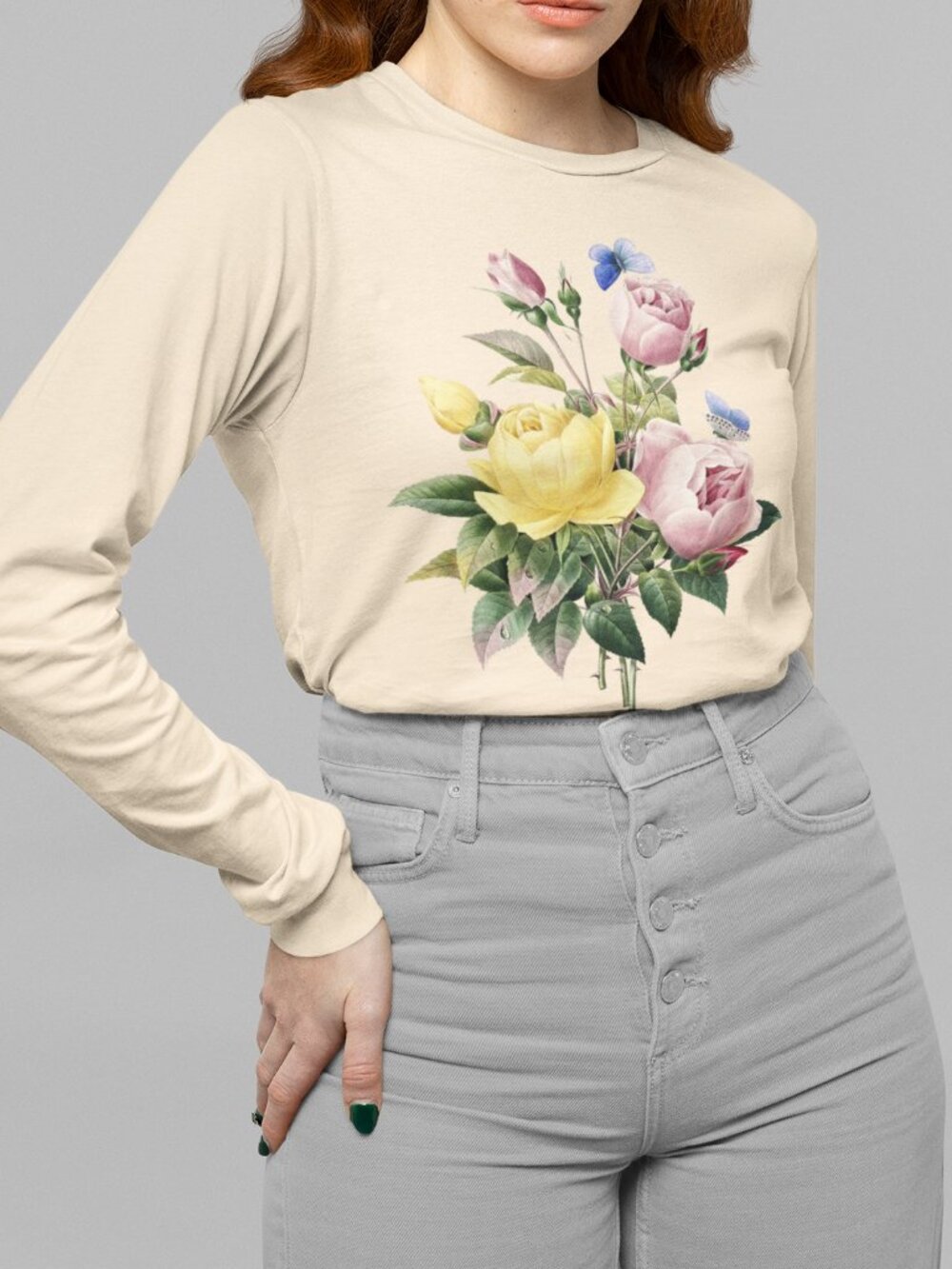 Cabbage Rose Vintage Floral Print Long Sleeve Graphic Tee T-shirt S-XXL